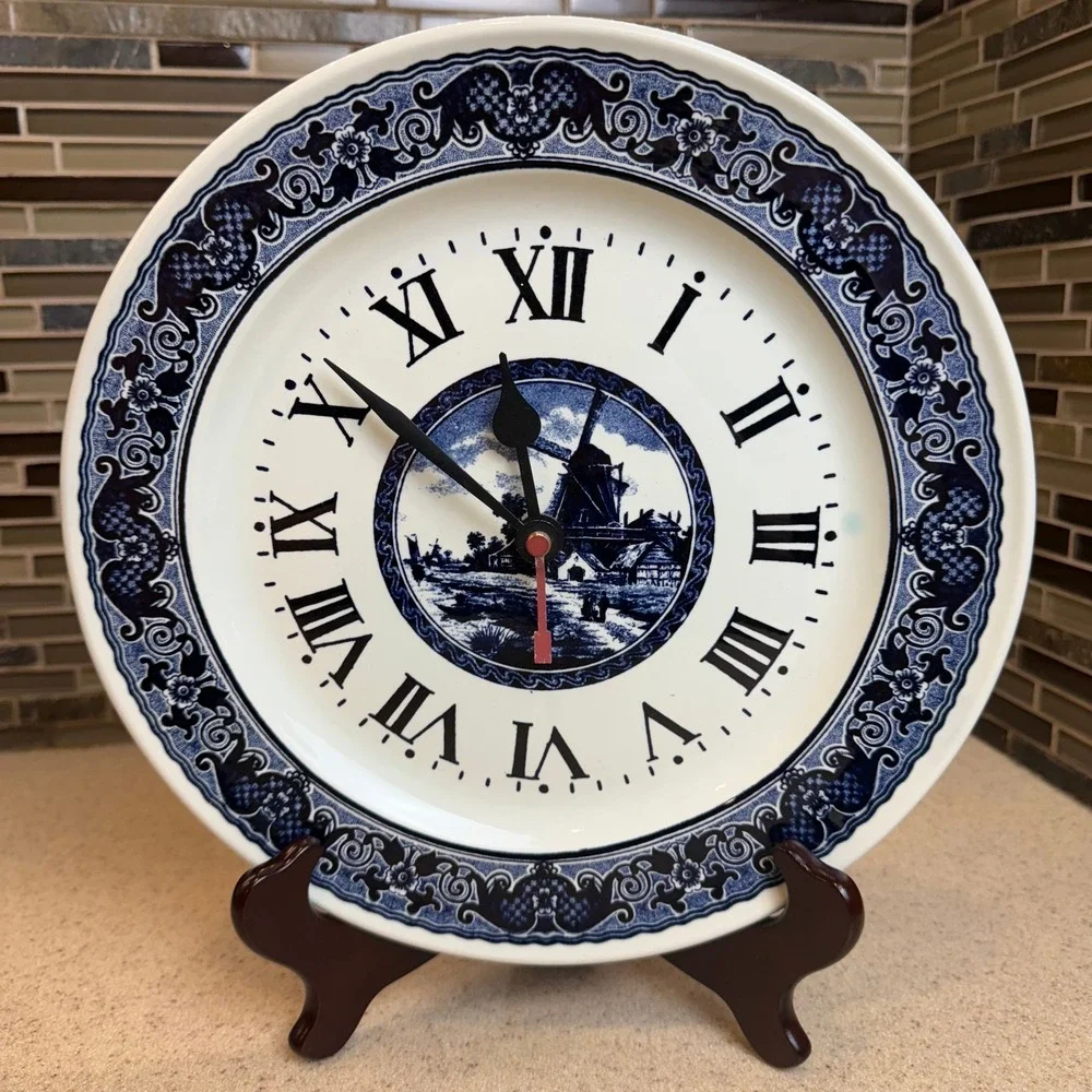 Vintage Boch Delft Blue White Windmill Ceramic Plate Wall Clock Belgium WORKS